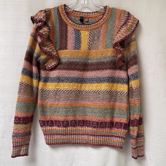 Pilcro Anthropologie Sweater Women Small  Ruffle Shoulder Crewneck Knit Boho - Picture 1 of 11
